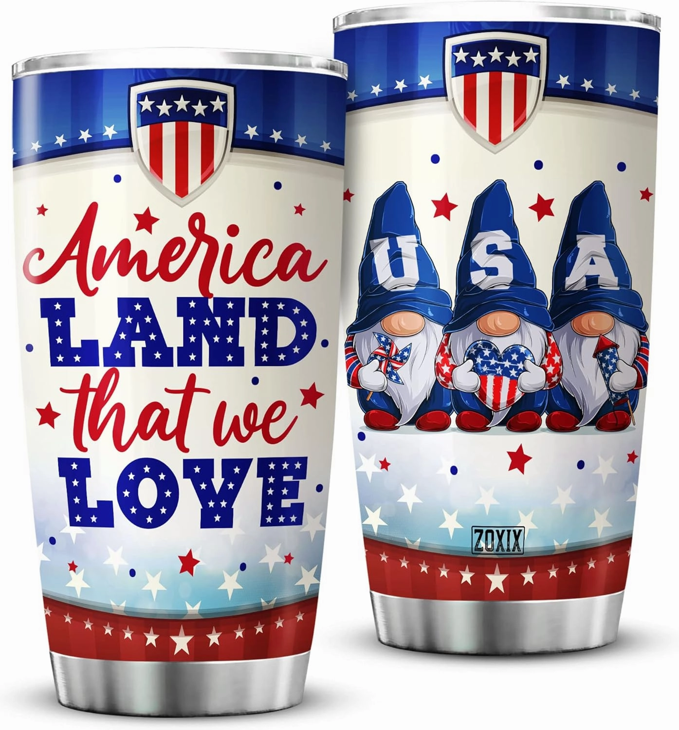 ZOXIX Gnome Tumbler Stainless Steel America Land That We Love Independence Day USA Flag Patriotic Gift For Women Cute Gnome Coffee Cup With Lid Proud American Mug Fourth Of July