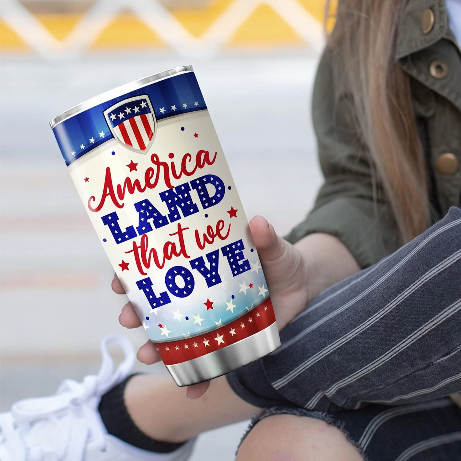 ZOXIX Gnome Tumbler Stainless Steel America Land That We Love Independence Day USA Flag Patriotic Gift For Women Cute Gnome Coffee Cup With Lid Proud American Mug Fourth Of July