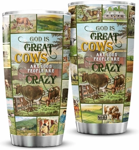 ZOXIX God Is Great Cows Are Good And People Are Crazy Funny Cow Tumbler With Lid Stainless Steel Coffee Cup Cattle Farm Animal Travel Mug Vintage Style Cow Lover Gifts For Women