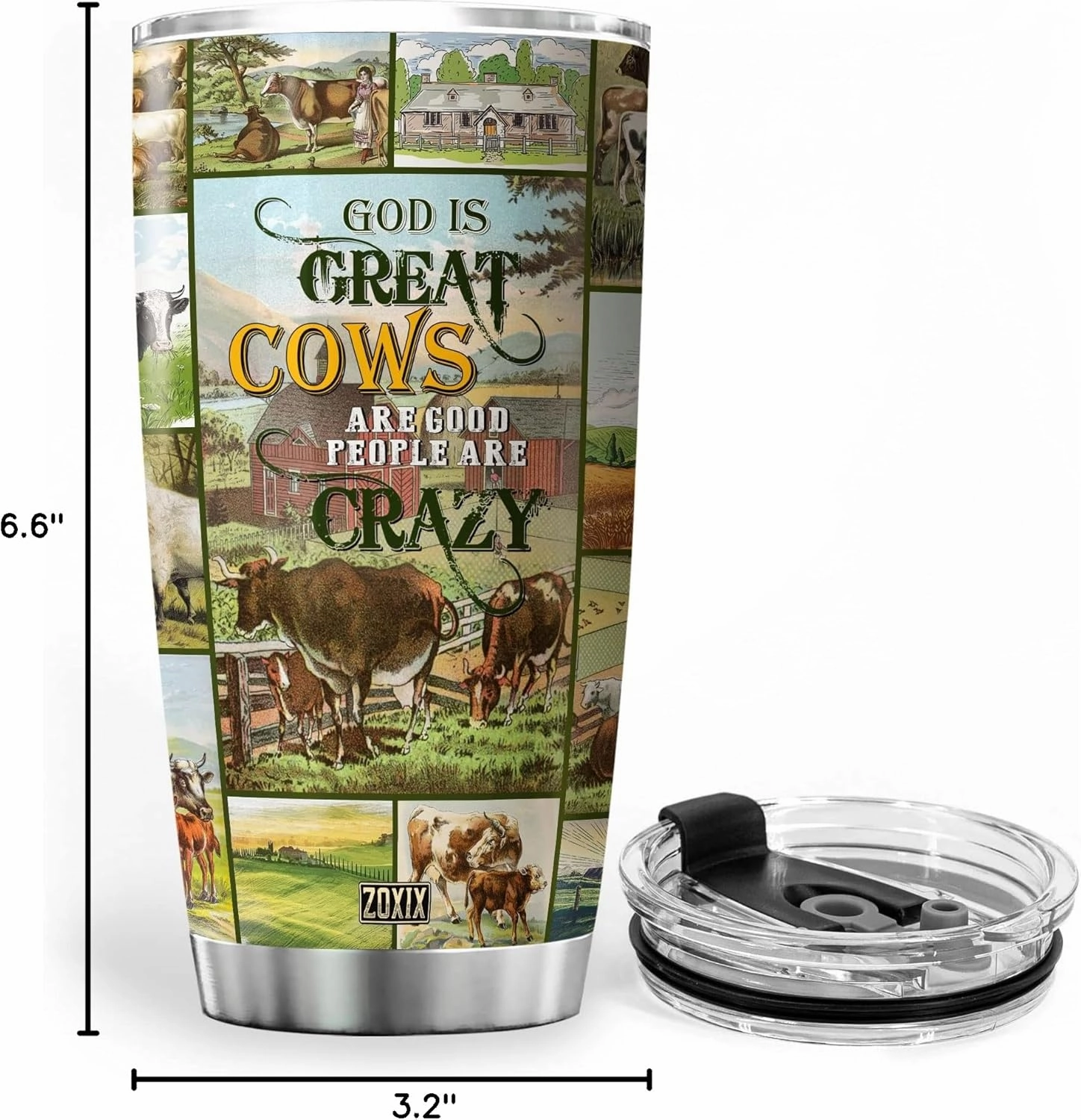 ZOXIX God Is Great Cows Are Good And People Are Crazy Funny Cow Tumbler With Lid Stainless Steel Coffee Cup Cattle Farm Animal Travel Mug Vintage Style Cow Lover Gifts For Women