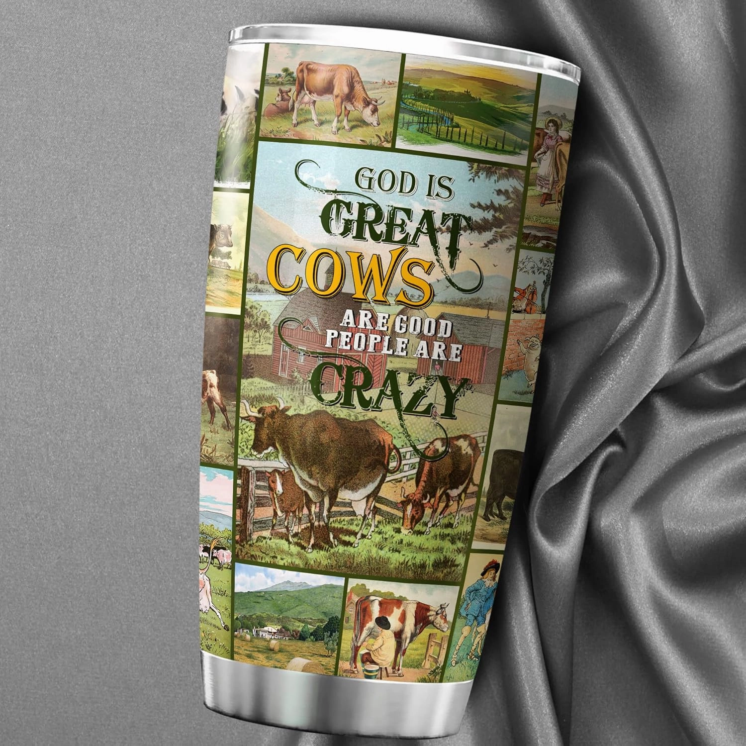 ZOXIX God Is Great Cows Are Good And People Are Crazy Funny Cow Tumbler With Lid Stainless Steel Coffee Cup Cattle Farm Animal Travel Mug Vintage Style Cow Lover Gifts For Women