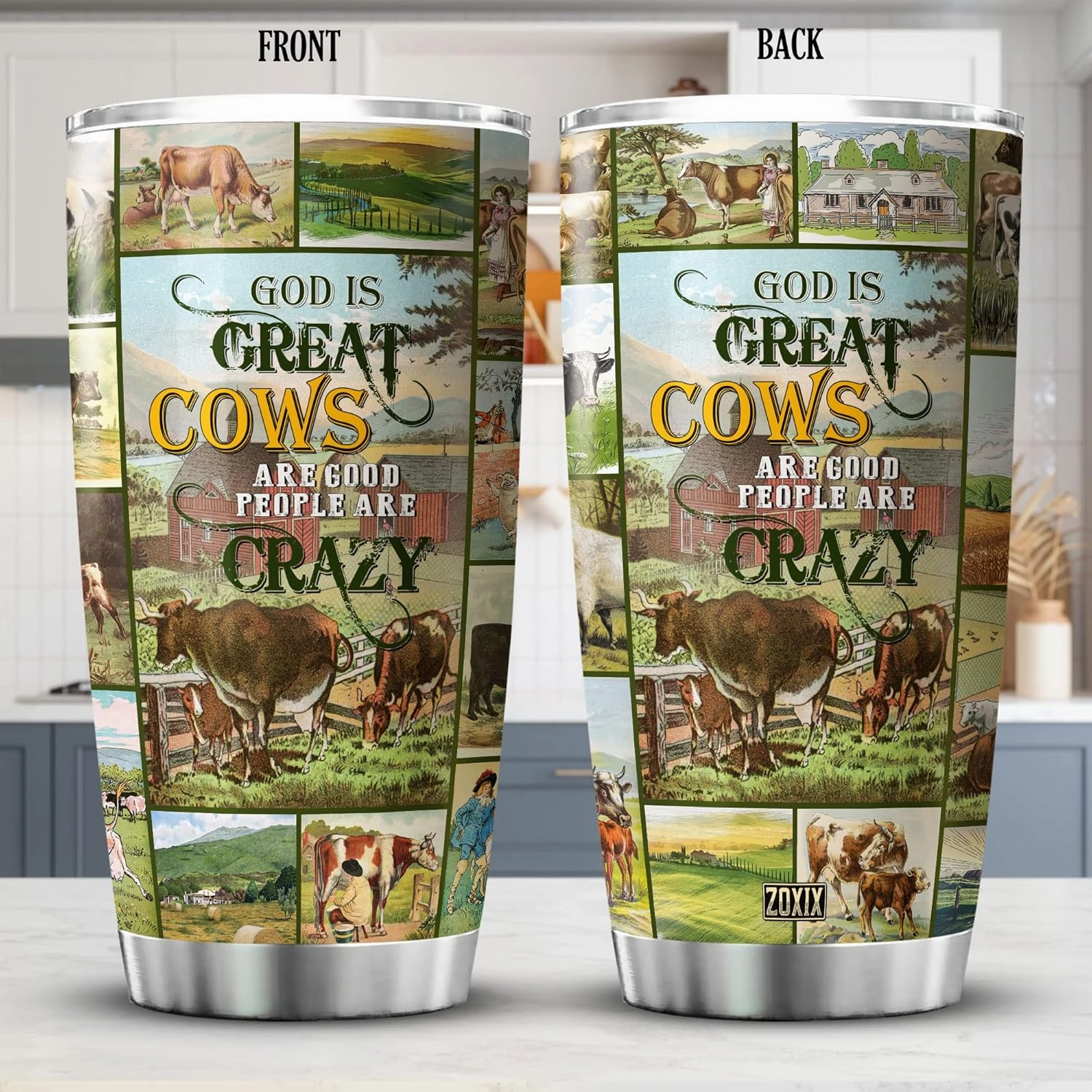 ZOXIX God Is Great Cows Are Good And People Are Crazy Funny Cow Tumbler With Lid Stainless Steel Coffee Cup Cattle Farm Animal Travel Mug Vintage Style Cow Lover Gifts For Women
