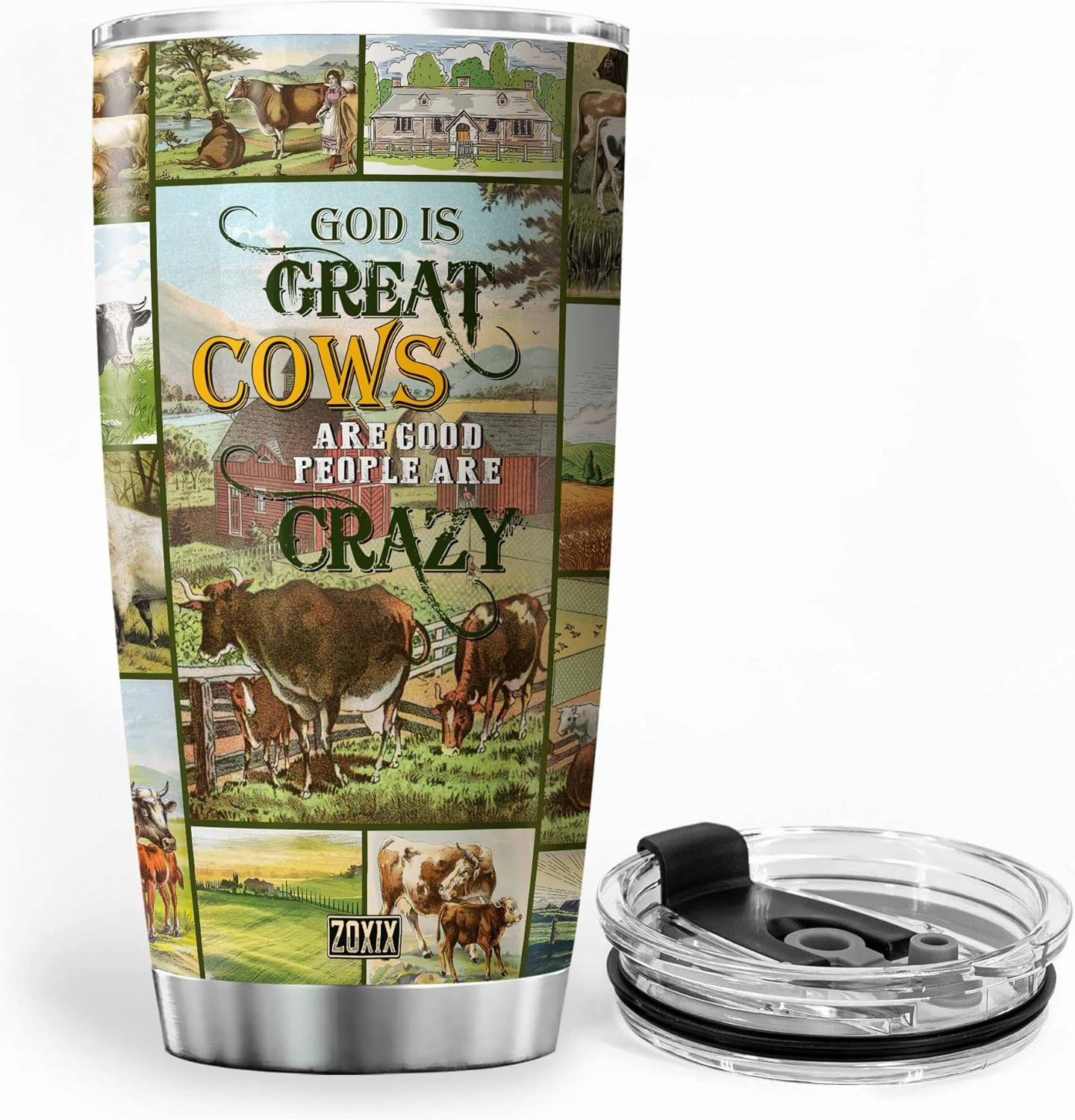 ZOXIX God Is Great Cows Are Good And People Are Crazy Funny Cow Tumbler With Lid Stainless Steel Coffee Cup Cattle Farm Animal Travel Mug Vintage Style Cow Lover Gifts For Women
