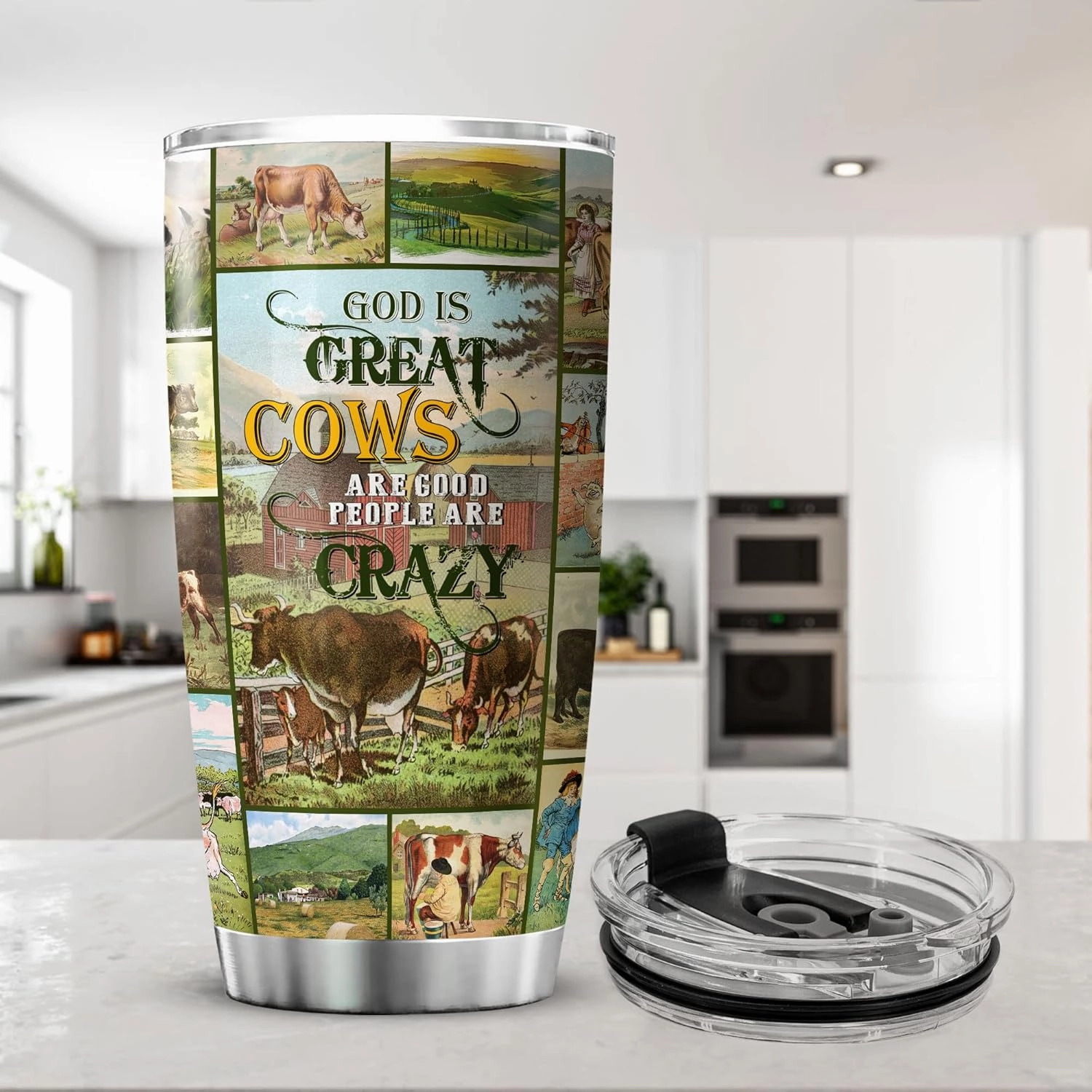 ZOXIX God Is Great Cows Are Good And People Are Crazy Funny Cow Tumbler With Lid Stainless Steel Coffee Cup Cattle Farm Animal Travel Mug Vintage Style Cow Lover Gifts For Women