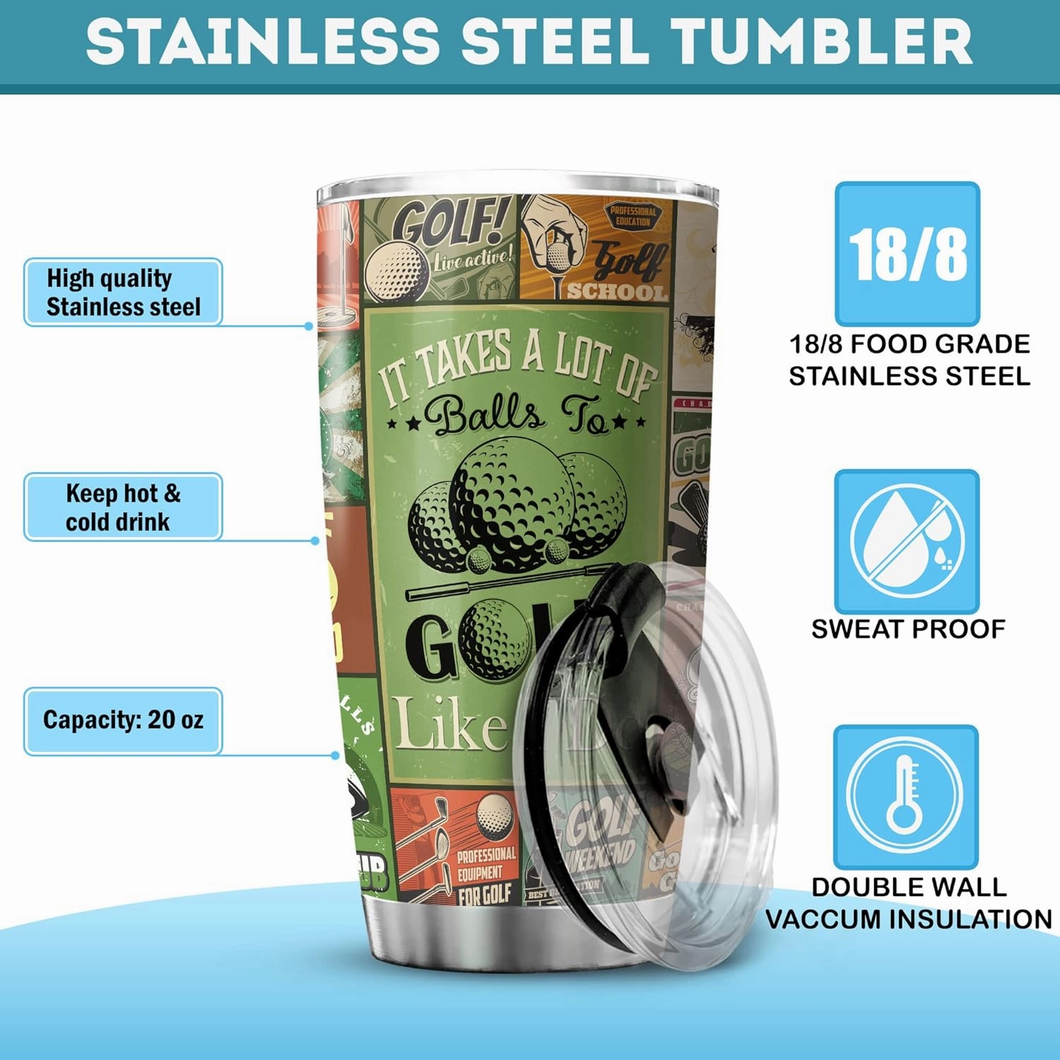 ZOXIX It Takes A Lot Of Balls To Golf Like I Do Vintage Cup Design Tumbler 20oz Golf Player Gift For Birthday Stainless Steel Tumblers With Retro Cups Golfer Gifts For Men