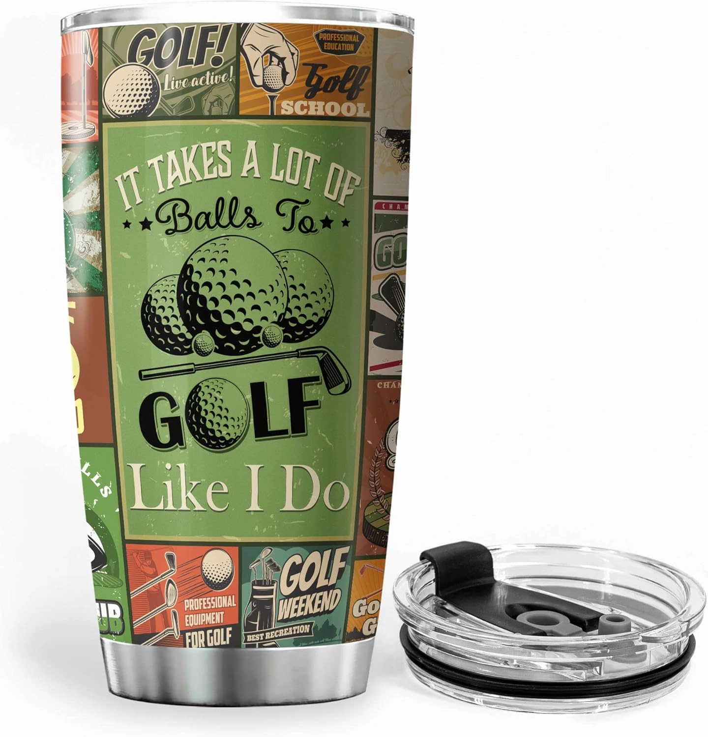 ZOXIX It Takes A Lot Of Balls To Golf Like I Do Vintage Cup Design Tumbler 20oz Golf Player Gift For Birthday Stainless Steel Tumblers With Retro Cups Golfer Gifts For Men