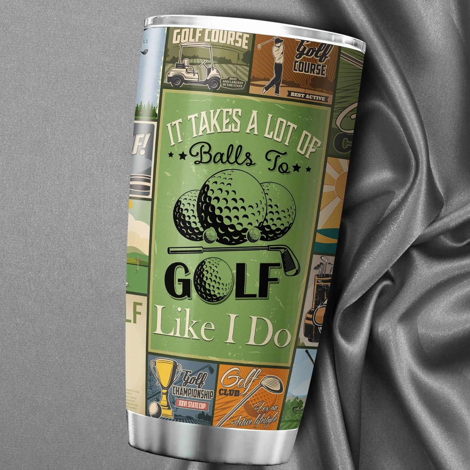 ZOXIX It Takes A Lot Of Balls To Golf Like I Do Vintage Cup Design Tumbler 20oz Golf Player Gift For Birthday Stainless Steel Tumblers With Retro Cups Golfer Gifts For Men