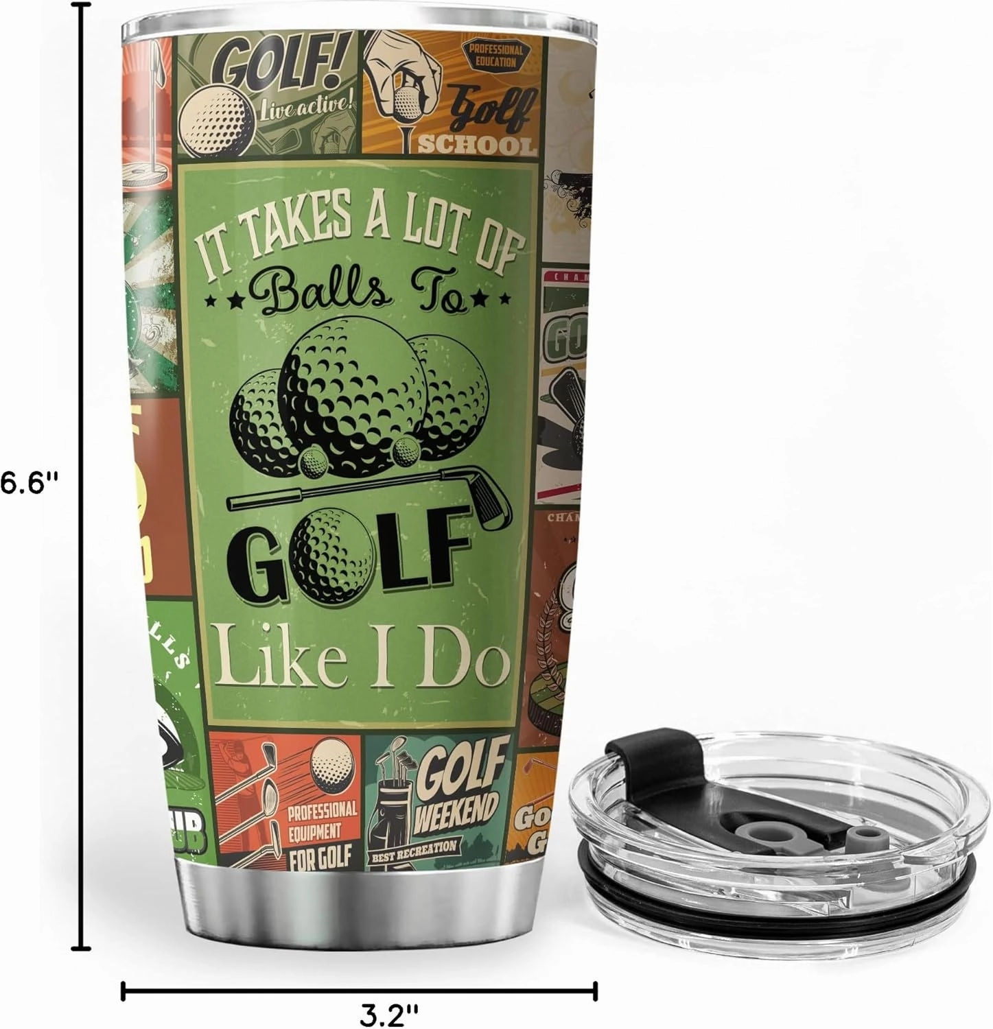 ZOXIX It Takes A Lot Of Balls To Golf Like I Do Vintage Cup Design Tumbler 20oz Golf Player Gift For Birthday Stainless Steel Tumblers With Retro Cups Golfer Gifts For Men