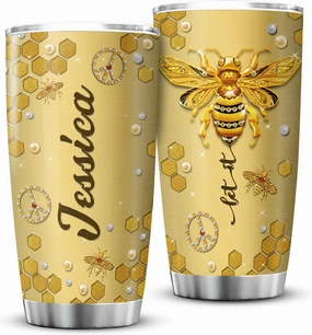 ZOXIX Let It Bee Tumbler With Lid 20oz Personalized Bee Coffee Cups With Names Jewelry Style Stainless Steel Mug Hippie Beekeeper Gifts For Women Yellow Bee Themed Gift Birthday