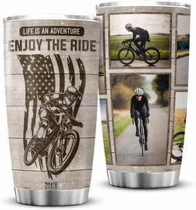 ZOXIX Life Is An Adventure Enjoy The Ride Custom Photo Tumbler Personalized Gifts For Men Who Like Cycling Stainless Steel Cup Bicyclist Cyclist Biker Vintage Wood Design