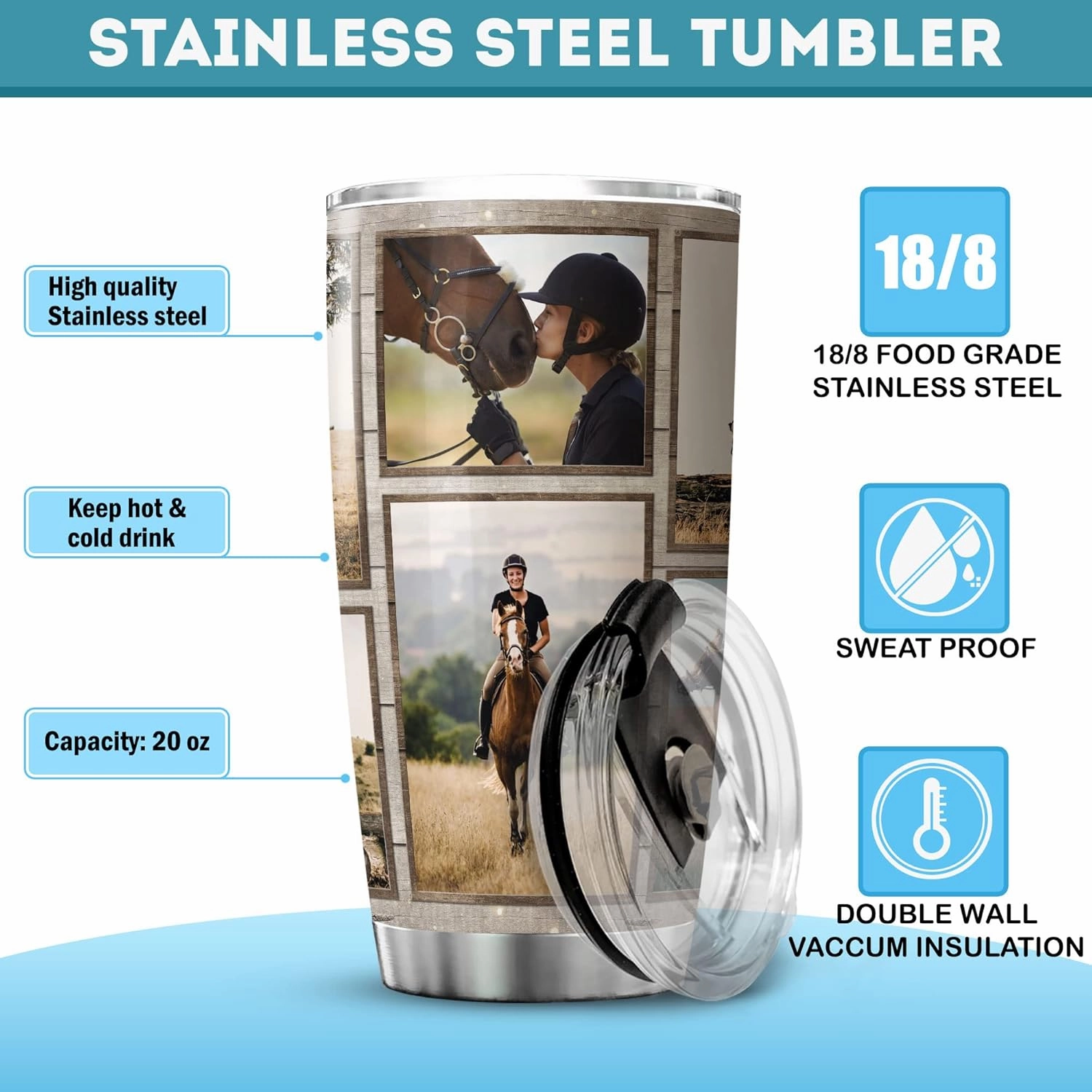 ZOXIX Life Is An Adventure Enjoy The Ride Equestrian Tumbler With Lid 20oz Sports Horseback Horse Riding Gifts Insulated Cup With Photo Personalized Gifts For Horse Lovers Men Dad