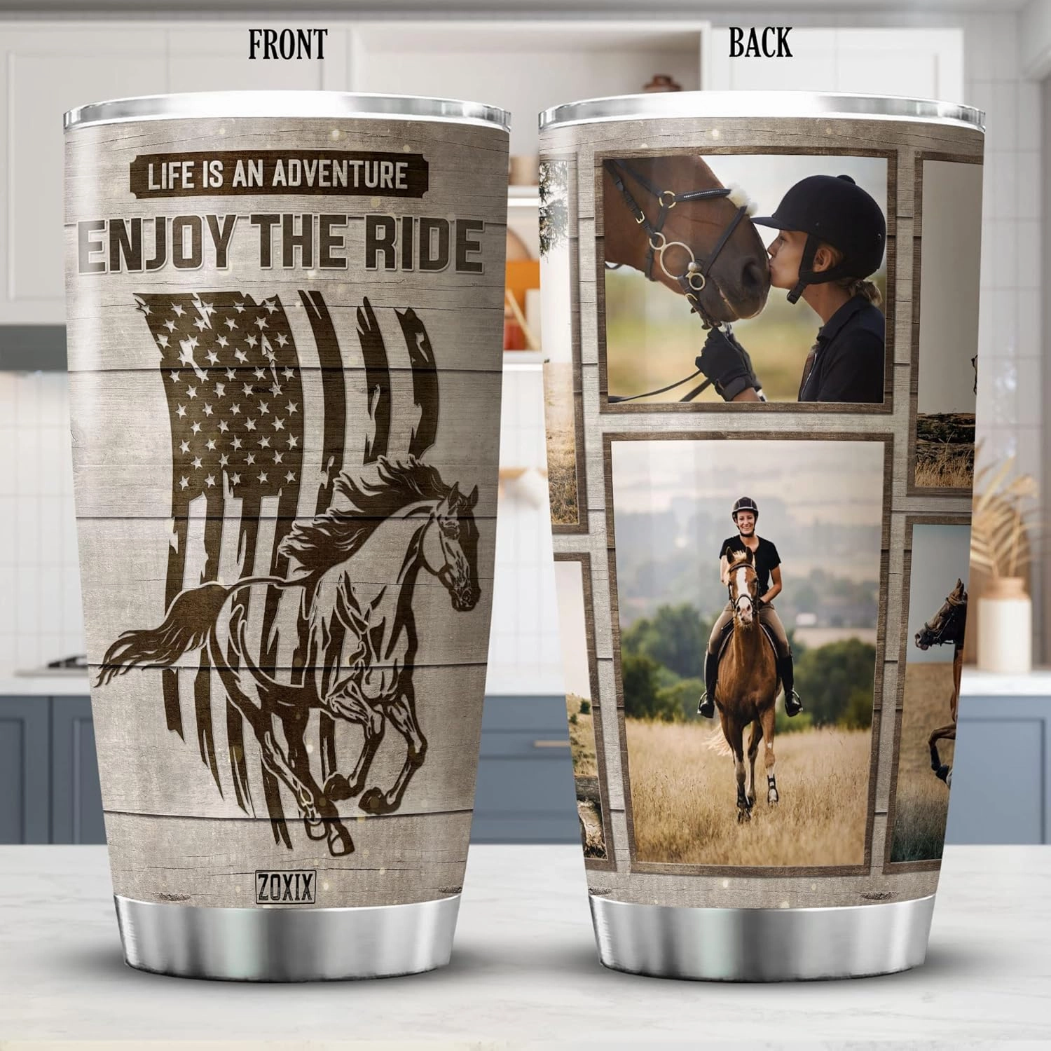 ZOXIX Life Is An Adventure Enjoy The Ride Equestrian Tumbler With Lid 20oz Sports Horseback Horse Riding Gifts Insulated Cup With Photo Personalized Gifts For Horse Lovers Men Dad