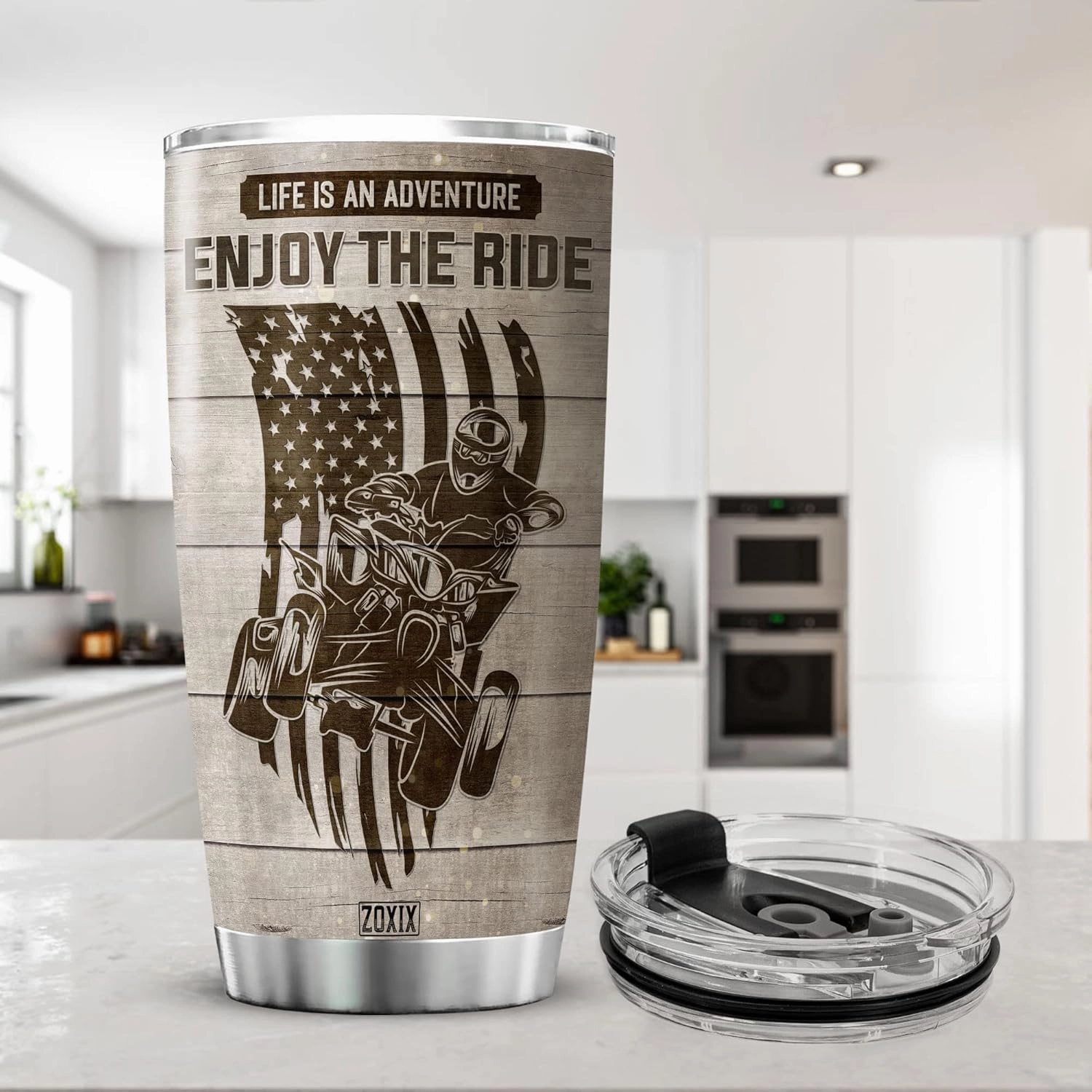 ZOXIX Life Is An Adventure Enjoy The Ride Four-wheeler Quad Bike Lover Gift For Men Personalized Photo Tumbler Custom Picture Wood Background Stainless Steel Mug Insulated Cup 20oz