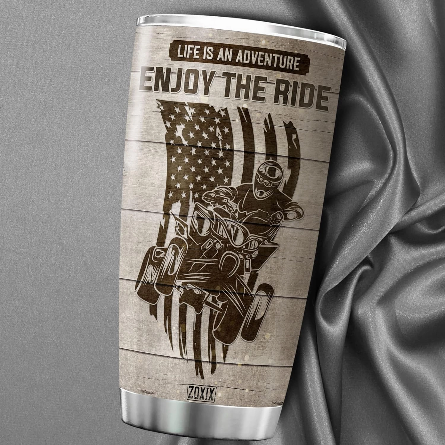 ZOXIX Life Is An Adventure Enjoy The Ride Four-wheeler Quad Bike Lover Gift For Men Personalized Photo Tumbler Custom Picture Wood Background Stainless Steel Mug Insulated Cup 20oz