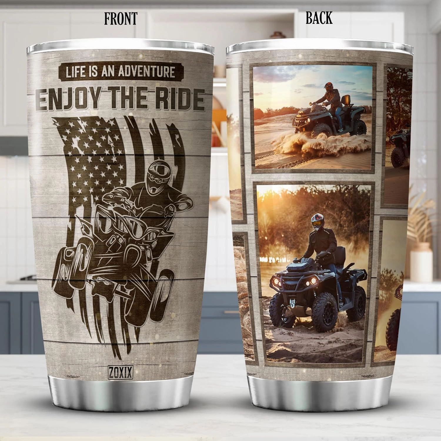 ZOXIX Life Is An Adventure Enjoy The Ride Four-wheeler Quad Bike Lover Gift For Men Personalized Photo Tumbler Custom Picture Wood Background Stainless Steel Mug Insulated Cup 20oz