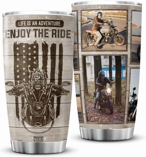 ZOXIX Life Is An Adventure Enjoy The Ride Motorcycle Lover Gifts For Men Customized Photo Tumbler Sports Themed Bike Rider Gift Stainless Steel Mug Insulated Biker Coffee Cup 20oz