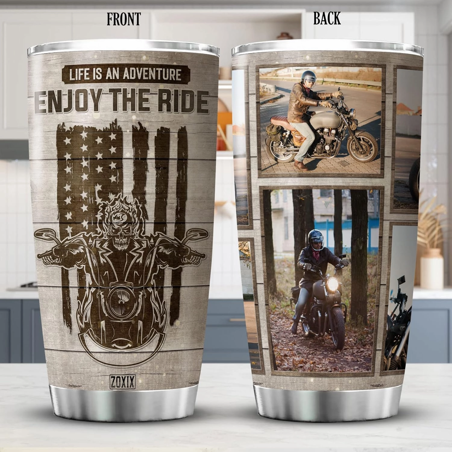 ZOXIX Life Is An Adventure Enjoy The Ride Motorcycle Lover Gifts For Men Customized Photo Tumbler Sports Themed Bike Rider Gift Stainless Steel Mug Insulated Biker Coffee Cup 20oz
