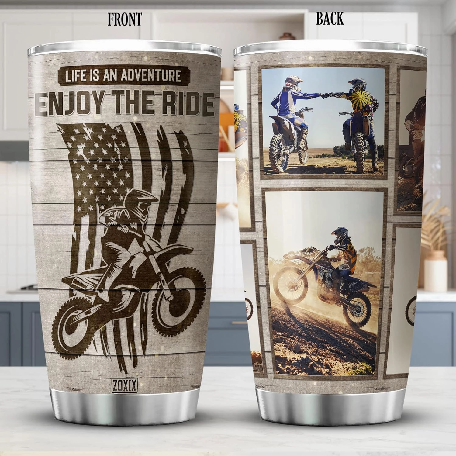 ZOXIX Life Is An Adventure Enjoy The Ride Personalized Tumbler Dirt Bike Lover Gift For Bikers Custom Picture Gift Stainless Steel Cup Racing Motocross Gifts For Dad Insulated Mug