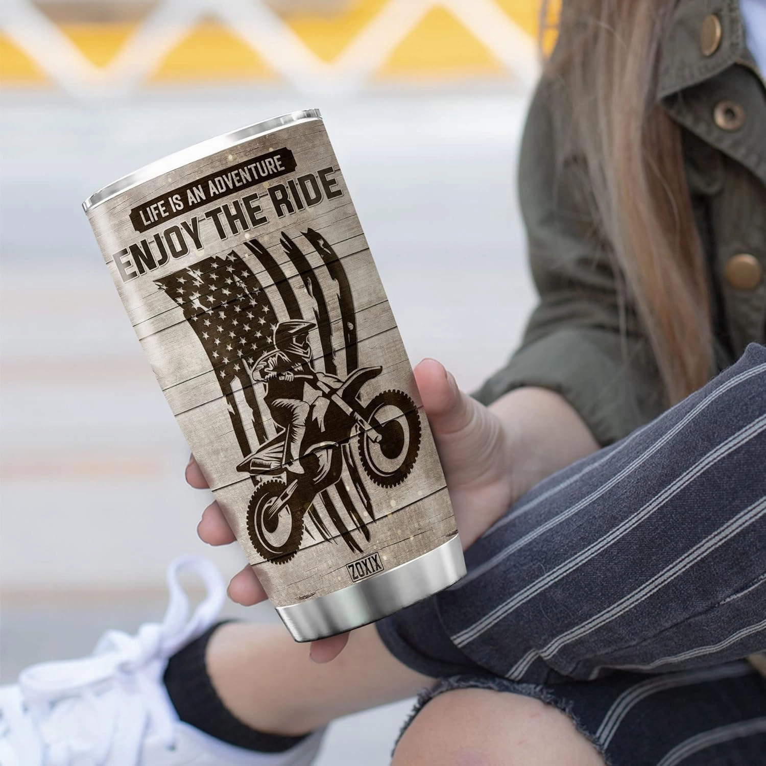 ZOXIX Life Is An Adventure Enjoy The Ride Personalized Tumbler Dirt Bike Lover Gift For Bikers Custom Picture Gift Stainless Steel Cup Racing Motocross Gifts For Dad Insulated Mug