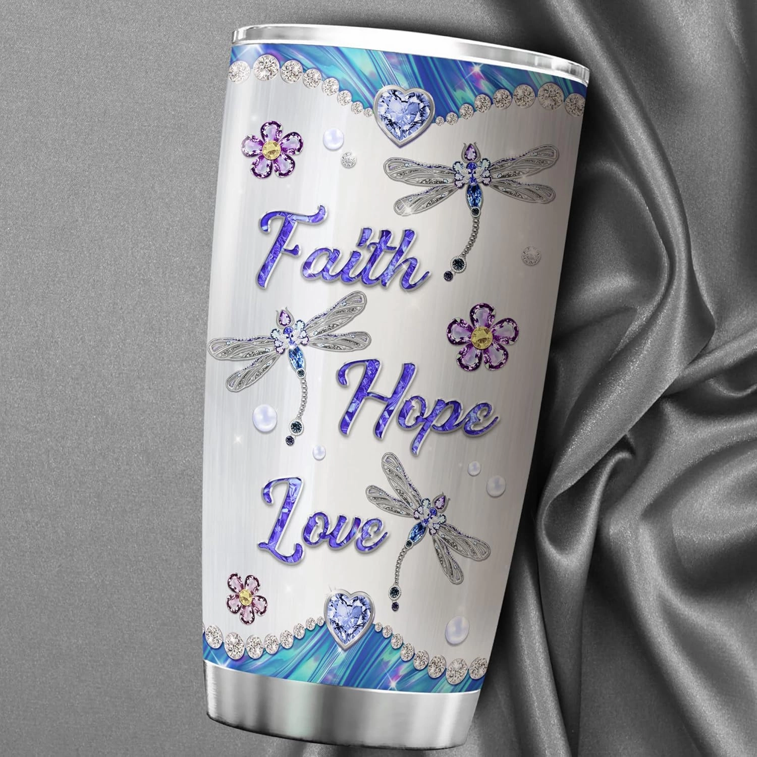 ZOXIX Personalized Dragonfly Insulated Tumbler Faith Hope Love Gift Custom Name Travel Cup 20oz Jewelry Style Dragonflies Gifts For Women Christian Insect Animal Print Coffee Mug