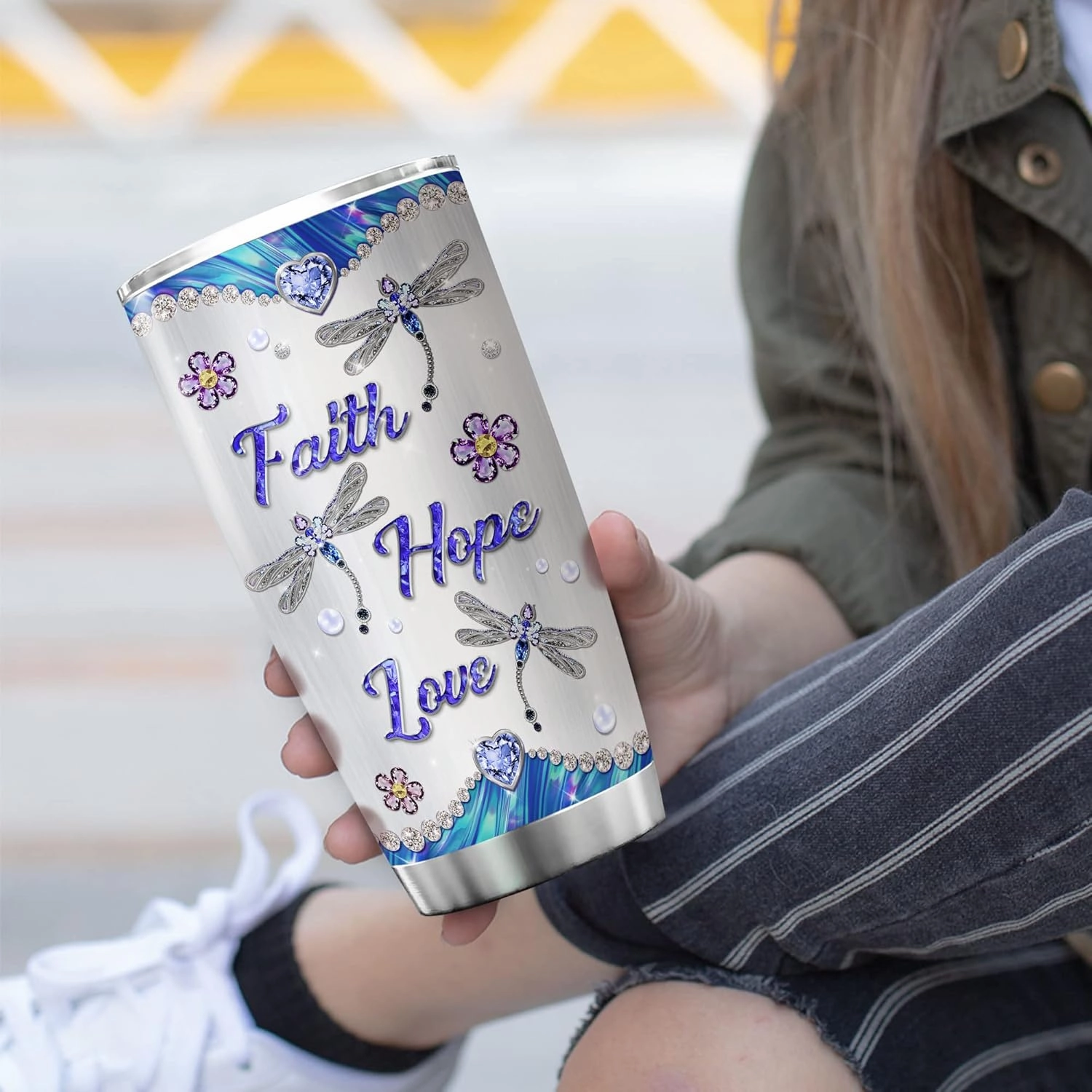 ZOXIX Personalized Dragonfly Insulated Tumbler Faith Hope Love Gift Custom Name Travel Cup 20oz Jewelry Style Dragonflies Gifts For Women Christian Insect Animal Print Coffee Mug
