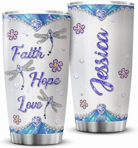 ZOXIX Personalized Dragonfly Insulated Tumbler Faith Hope Love Gift Custom Name Travel Cup 20oz Jewelry Style Dragonflies Gifts For Women Christian Insect Animal Print Coffee Mug