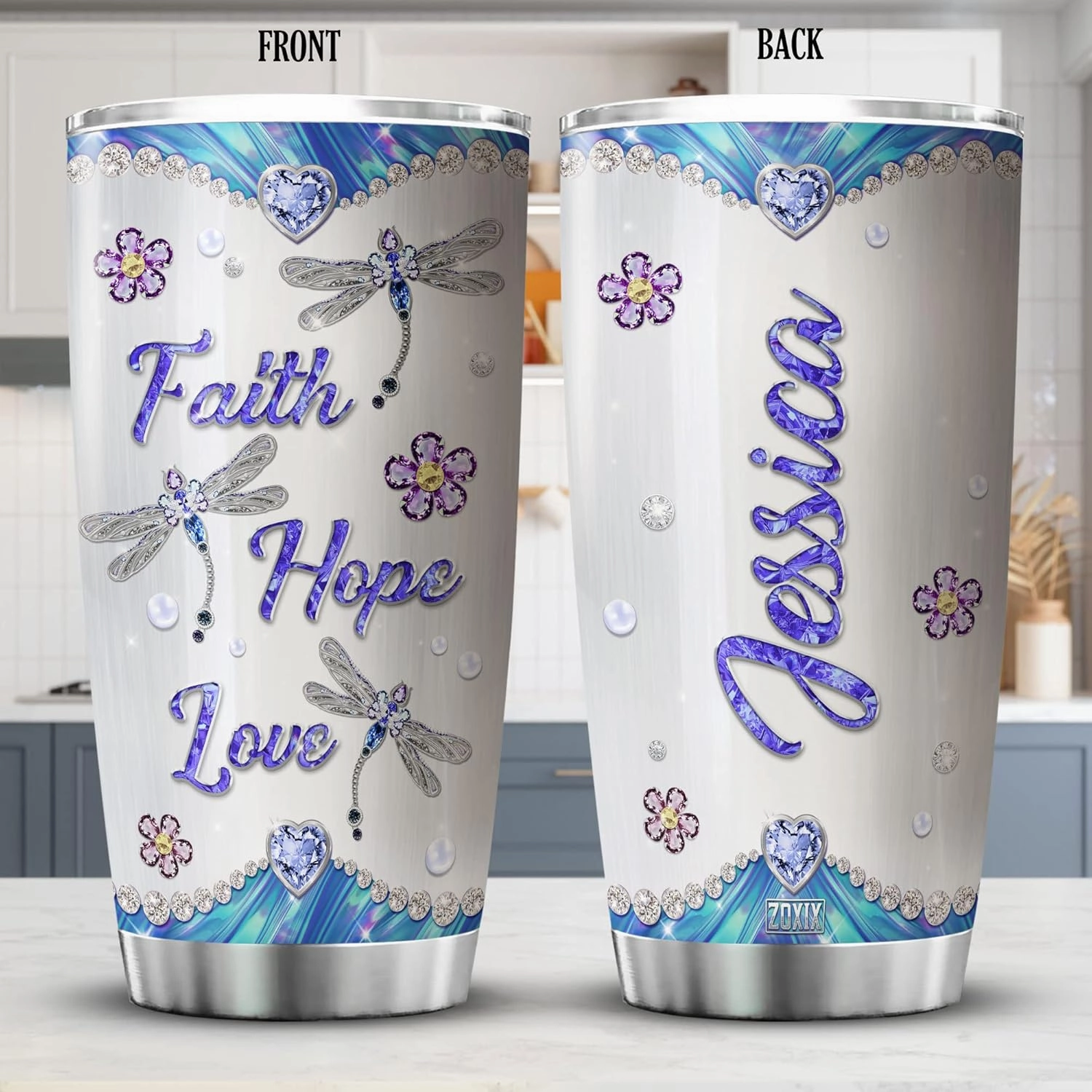 ZOXIX Personalized Dragonfly Insulated Tumbler Faith Hope Love Gift Custom Name Travel Cup 20oz Jewelry Style Dragonflies Gifts For Women Christian Insect Animal Print Coffee Mug