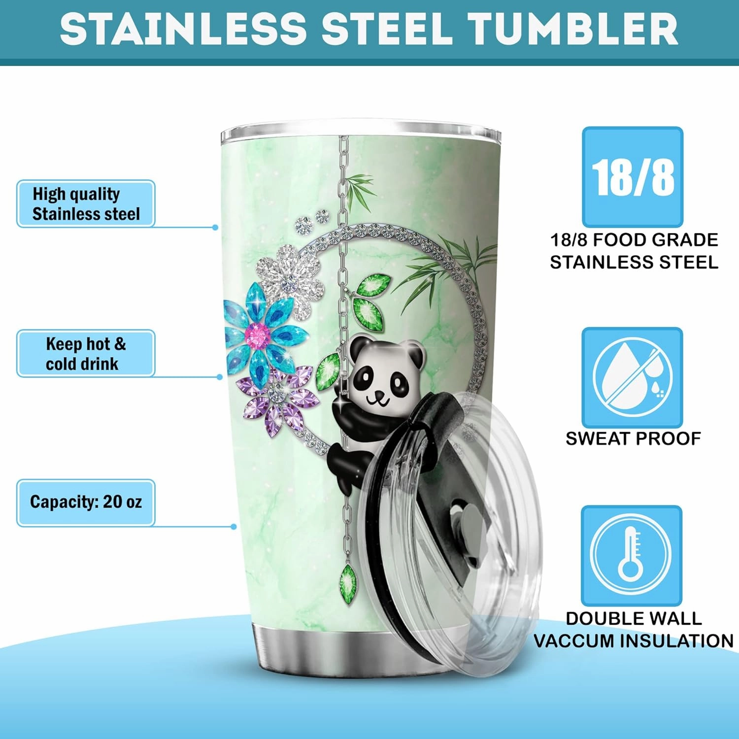 ZOXIX Personalized Panda Tumbler With Lid 20oz Jewelry Style Flower Cute Animal Coffee Mug Novelty Bamboo Panda Bear Gifts For Women Birthday Stainless Steel Insulated Travel Cup