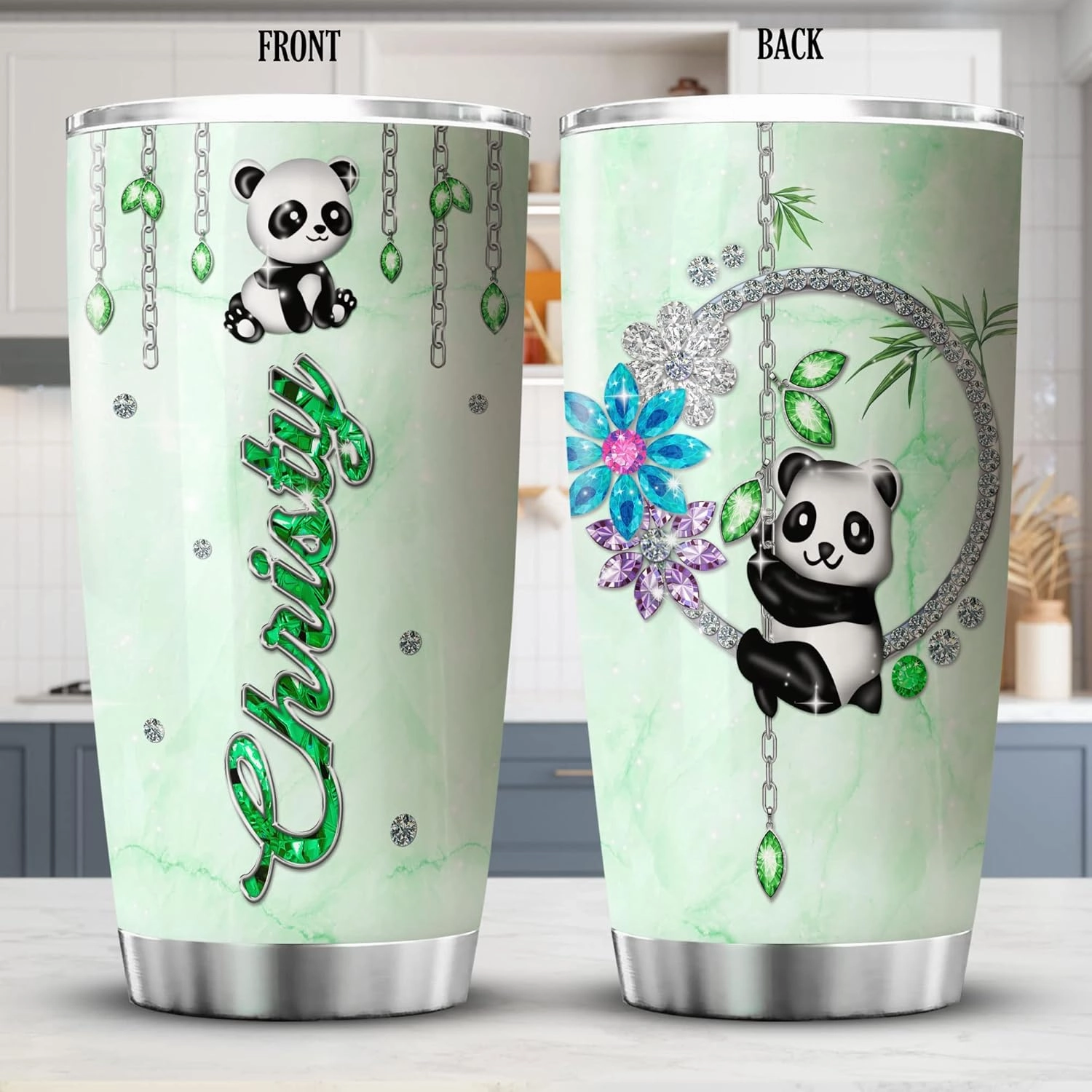 ZOXIX Personalized Panda Tumbler With Lid 20oz Jewelry Style Flower Cute Animal Coffee Mug Novelty Bamboo Panda Bear Gifts For Women Birthday Stainless Steel Insulated Travel Cup