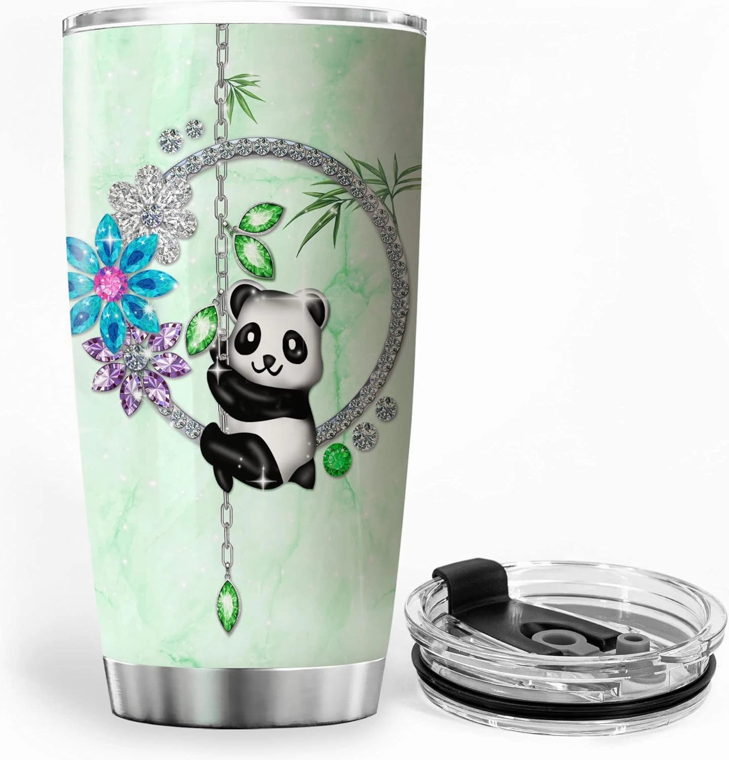 ZOXIX Personalized Panda Tumbler With Lid 20oz Jewelry Style Flower Cute Animal Coffee Mug Novelty Bamboo Panda Bear Gifts For Women Birthday Stainless Steel Insulated Travel Cup