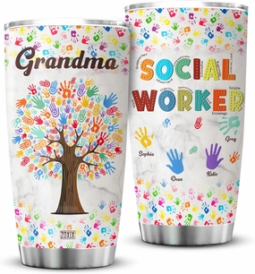 ZOXIX Personalized Tumbler For Grandma Social Worker Gift Word Tree Mug Colorful Stainless Steel Insulated Cup With Kids Name DSW MSW LCSW BSW Social Work Gifts For Grandparents