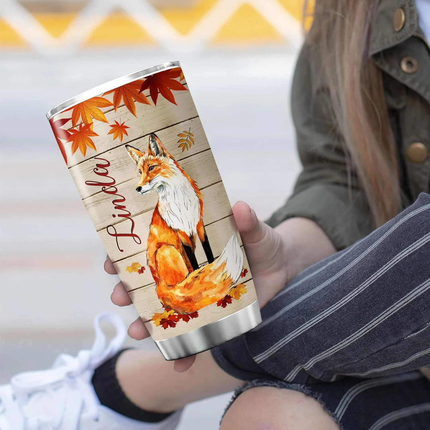 ZOXIX Personalized Tumbler Gift For Girls Oh For Fox Sake Coffee Mug With Name 20 Oz Autumn Themed Animal Print Cup Stainless Steel Insulated Cute Foxes For Teens