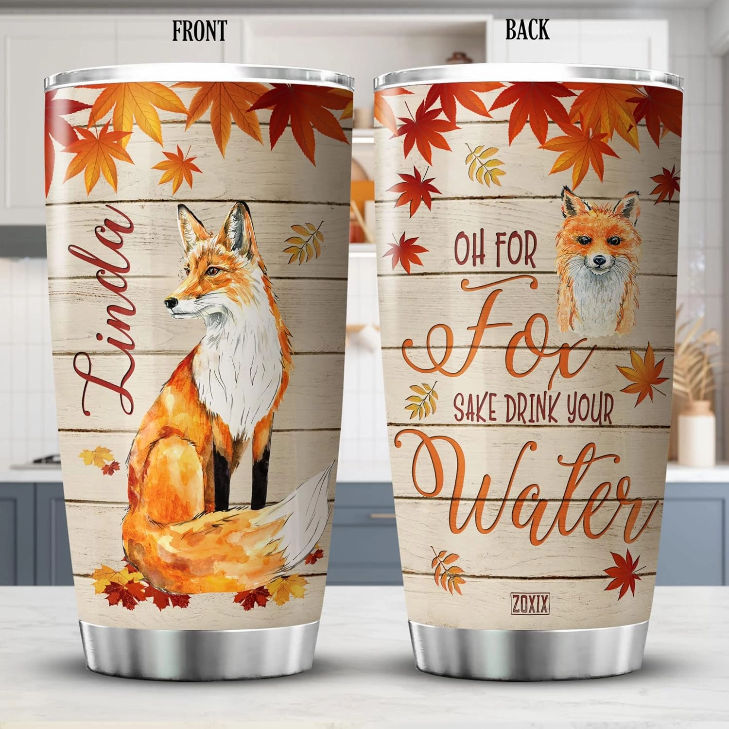 ZOXIX Personalized Tumbler Gift For Girls Oh For Fox Sake Coffee Mug With Name 20 Oz Autumn Themed Animal Print Cup Stainless Steel Insulated Cute Foxes For Teens