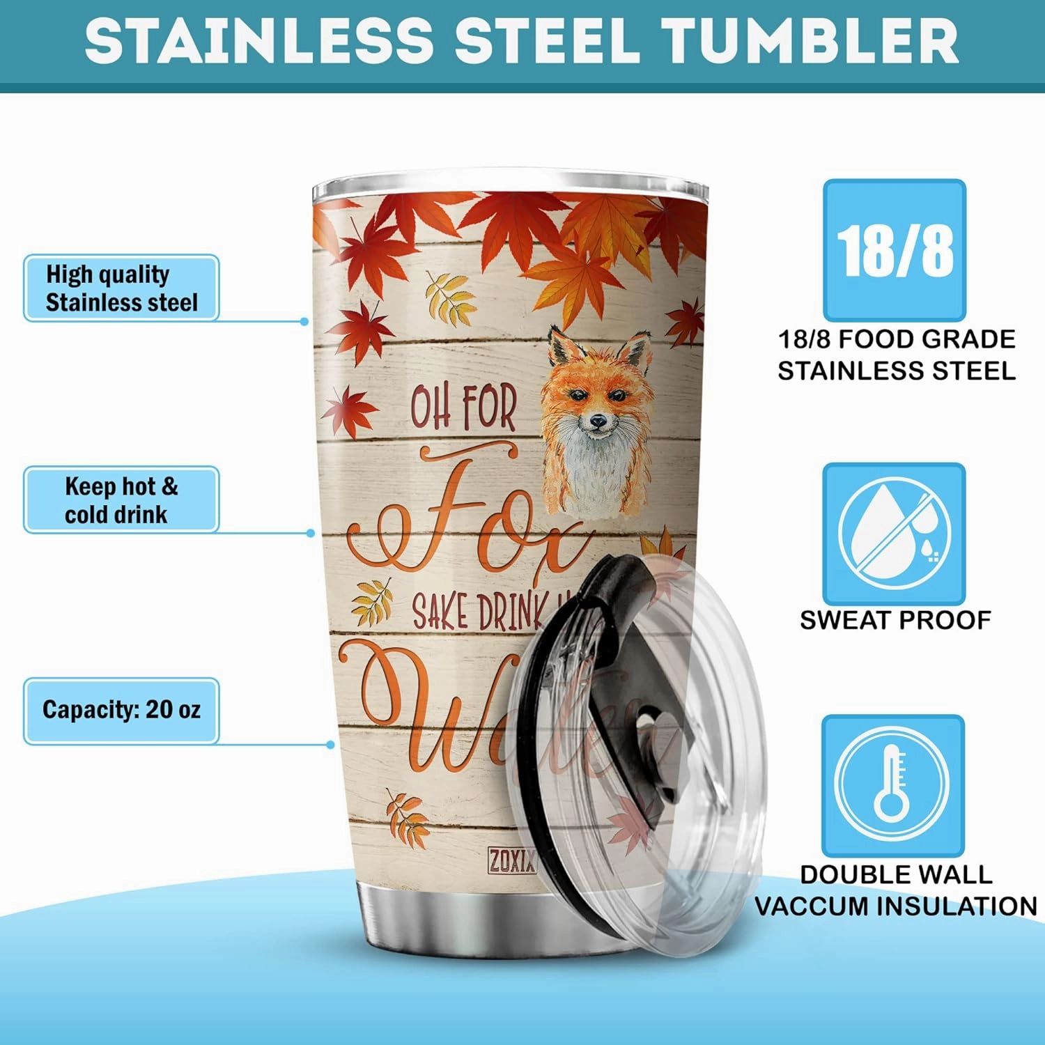 ZOXIX Personalized Tumbler Gift For Girls Oh For Fox Sake Coffee Mug With Name 20 Oz Autumn Themed Animal Print Cup Stainless Steel Insulated Cute Foxes For Teens
