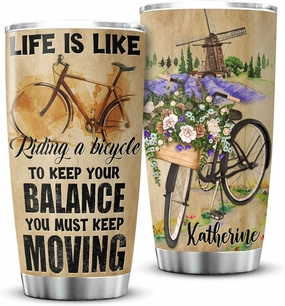 ZOXIX Personalized Tumbler Life Is Like Riding A Bicycle Bicycling Gifts For Women Stainless Steel Cup With Name 20 Oz Flower Windmill Biker Mug Bicyclist Vintage Cycling Things