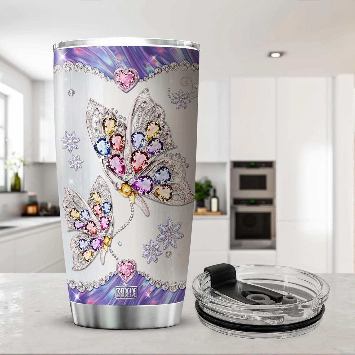 ZOXIX Purple Butterfly Insulated Tumbler With Lid Jewelry Style Wake Up Every Morning Stainless Steel Coffee Cup With Sayings Butterfly Travel Mug 20oz Animal Butterflies Gift