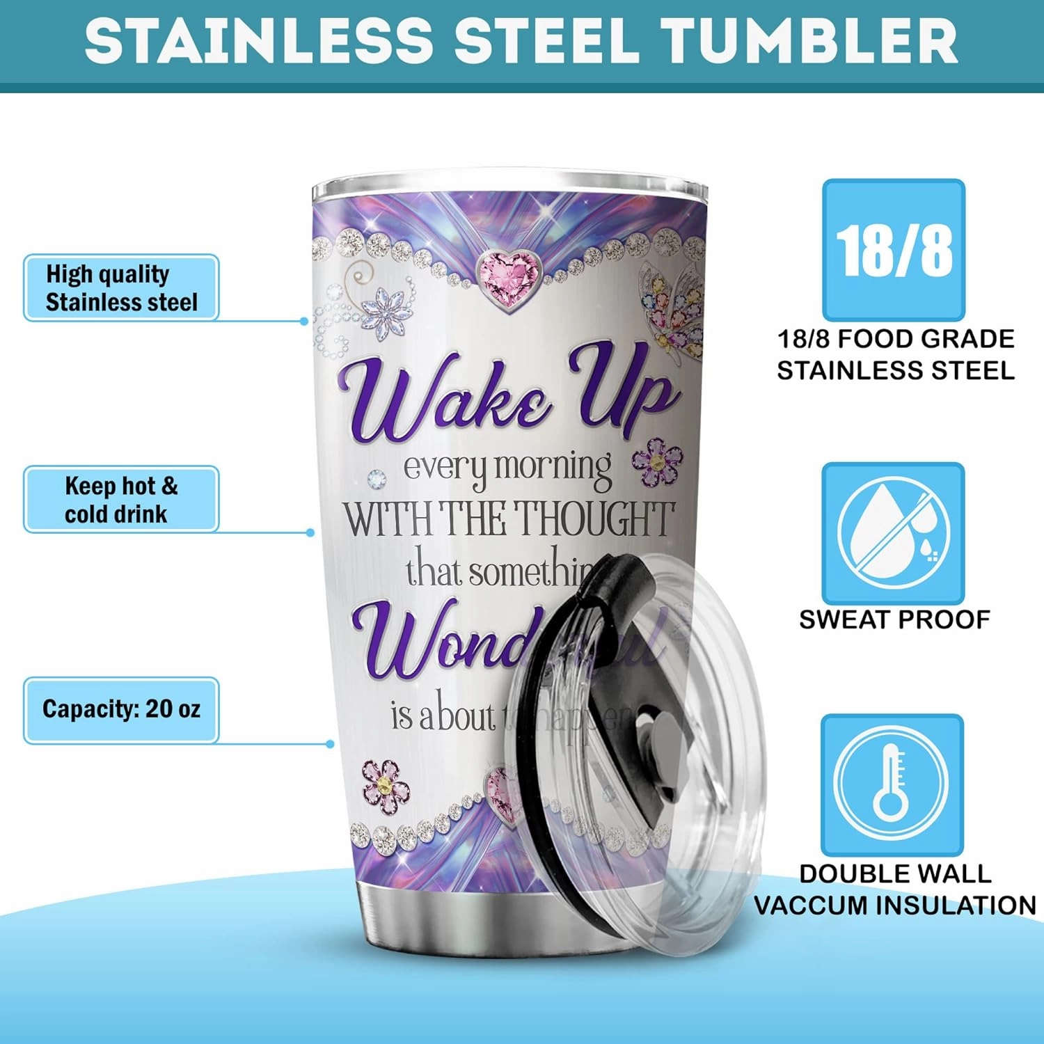 ZOXIX Purple Butterfly Insulated Tumbler With Lid Jewelry Style Wake Up Every Morning Stainless Steel Coffee Cup With Sayings Butterfly Travel Mug 20oz Animal Butterflies Gift
