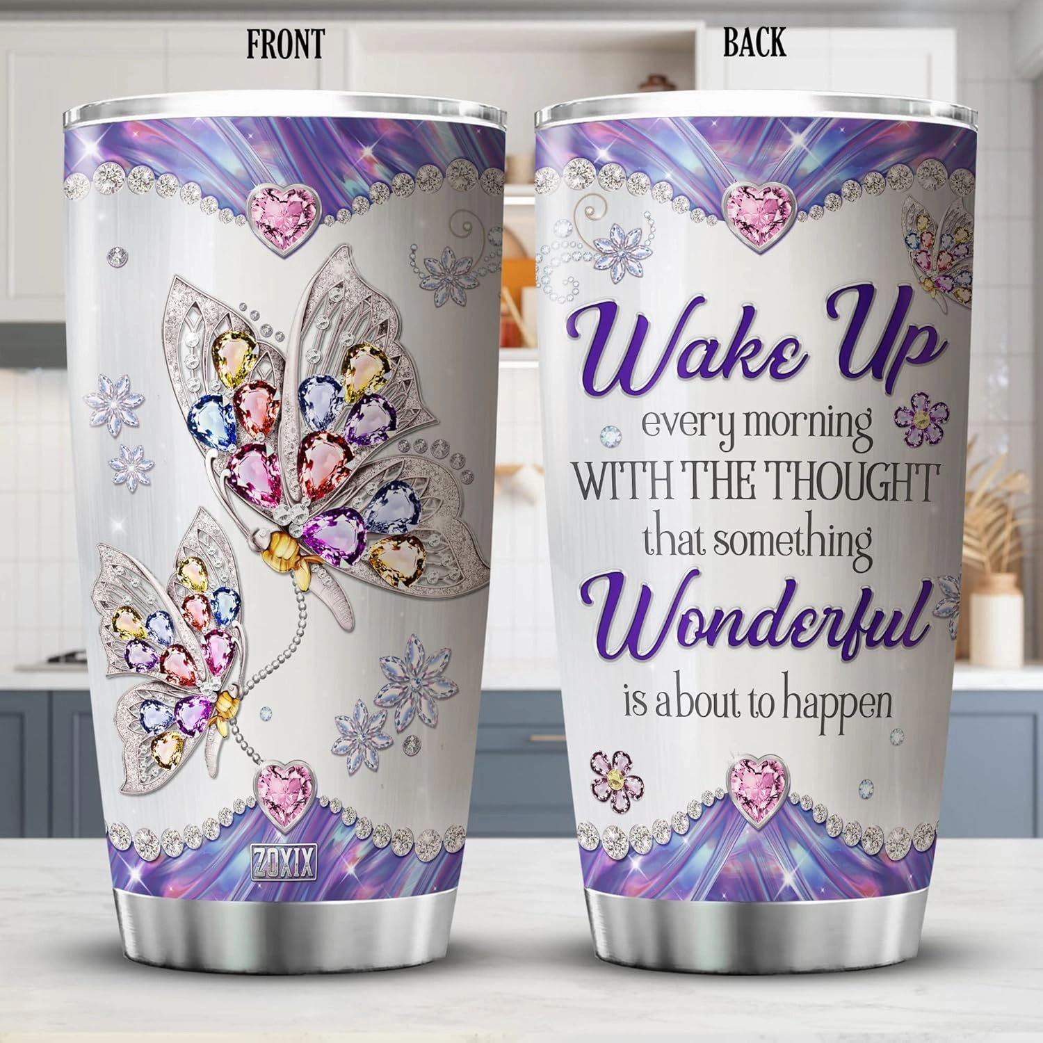 ZOXIX Purple Butterfly Insulated Tumbler With Lid Jewelry Style Wake Up Every Morning Stainless Steel Coffee Cup With Sayings Butterfly Travel Mug 20oz Animal Butterflies Gift