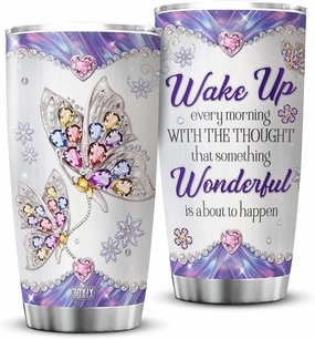 ZOXIX Purple Butterfly Insulated Tumbler With Lid Jewelry Style Wake Up Every Morning Stainless Steel Coffee Cup With Sayings Butterfly Travel Mug 20oz Animal Butterflies Gift
