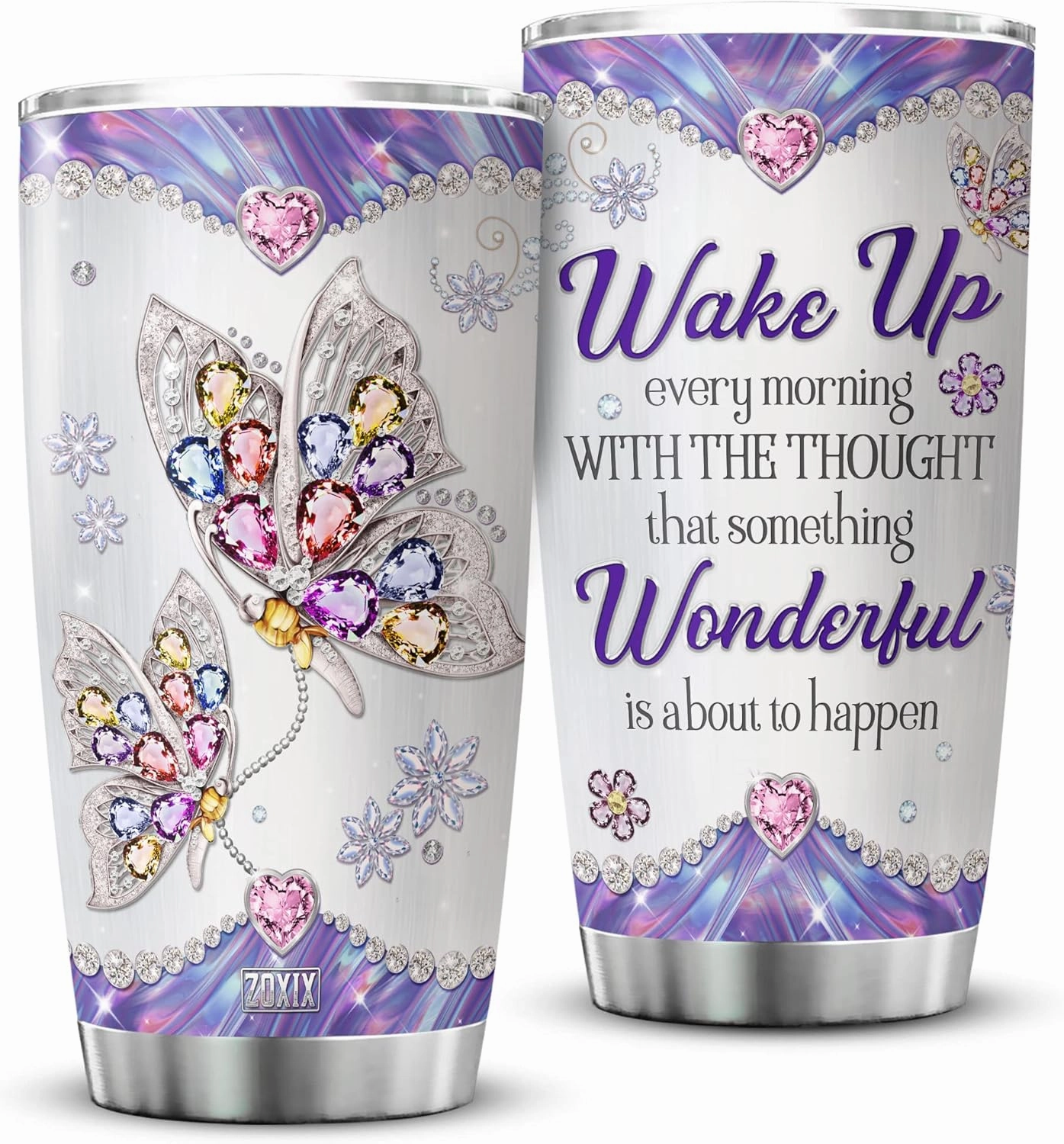 ZOXIX Purple Butterfly Insulated Tumbler With Lid Jewelry Style Wake Up Every Morning Stainless Steel Coffee Cup With Sayings Butterfly Travel Mug 20oz Animal Butterflies Gift