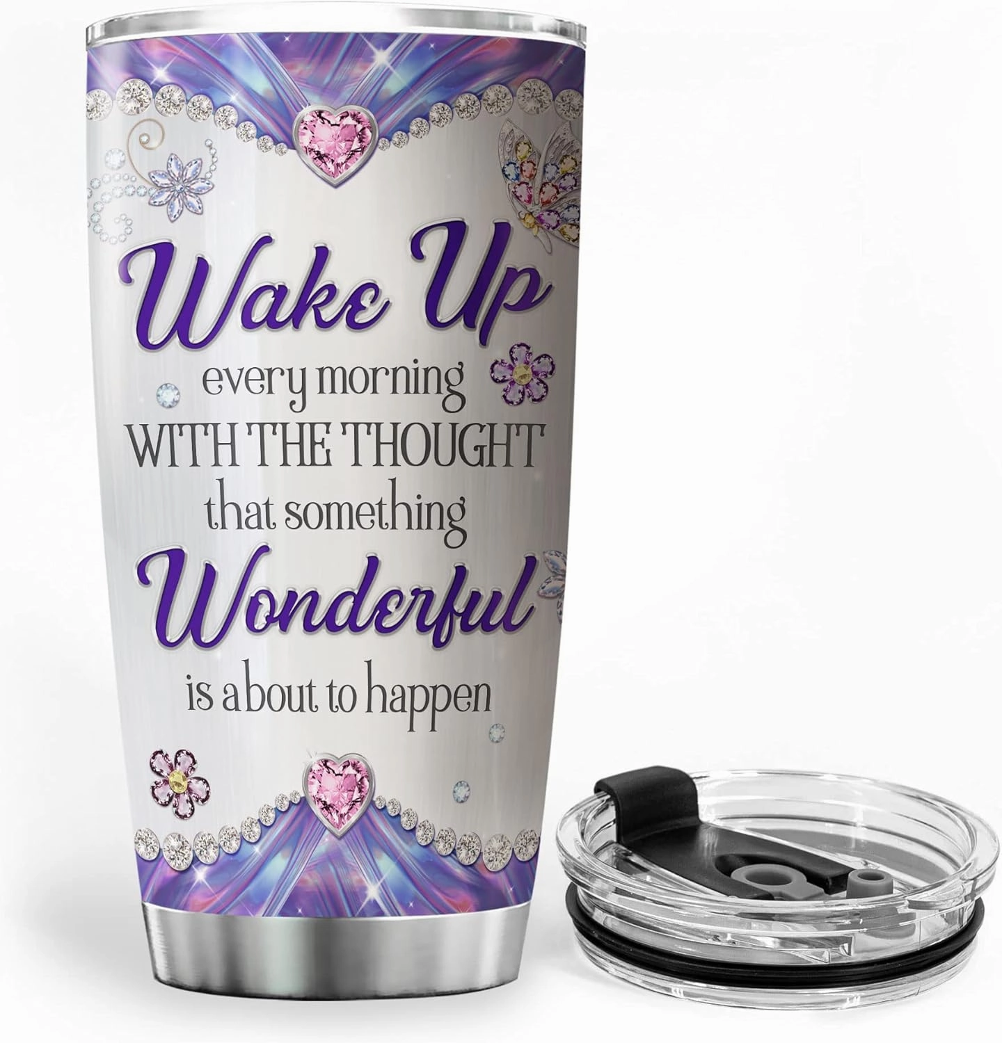 ZOXIX Purple Butterfly Insulated Tumbler With Lid Jewelry Style Wake Up Every Morning Stainless Steel Coffee Cup With Sayings Butterfly Travel Mug 20oz Animal Butterflies Gift
