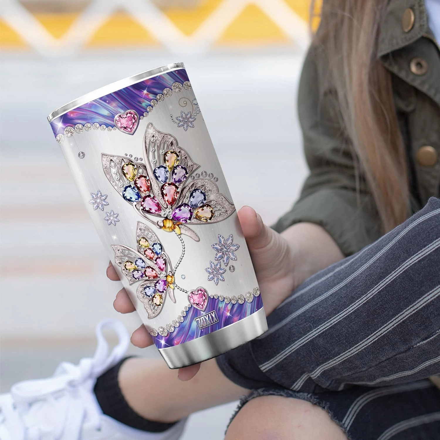 ZOXIX Purple Butterfly Insulated Tumbler With Lid Jewelry Style Wake Up Every Morning Stainless Steel Coffee Cup With Sayings Butterfly Travel Mug 20oz Animal Butterflies Gift