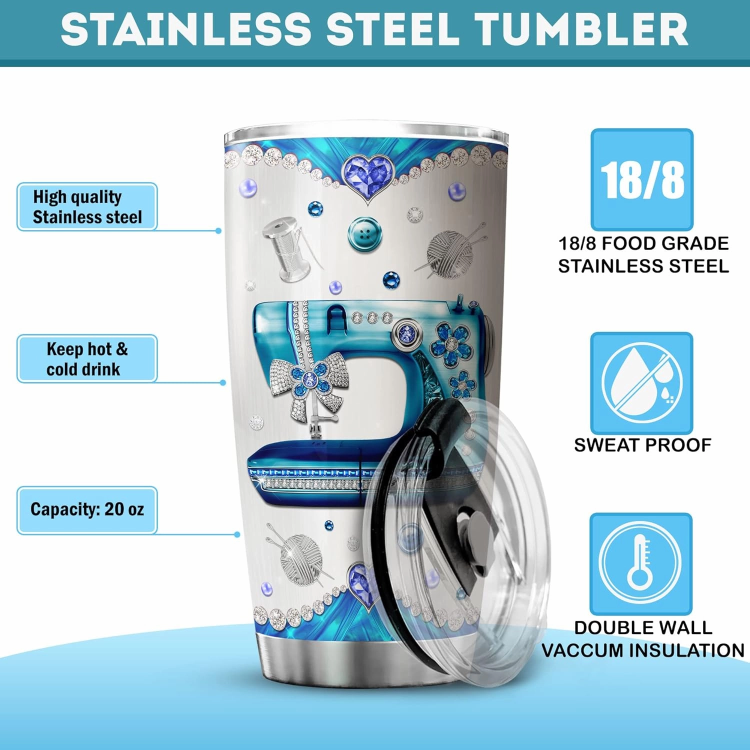 ZOXIX Sewing Themed Insulated Tumbler With Lid 20oz Jewelry Style Fabric Quilting Gifts For Quilters Funny Saying Cup Stainless Steel Tailor Seamstress Crochet Lover Gift For Women