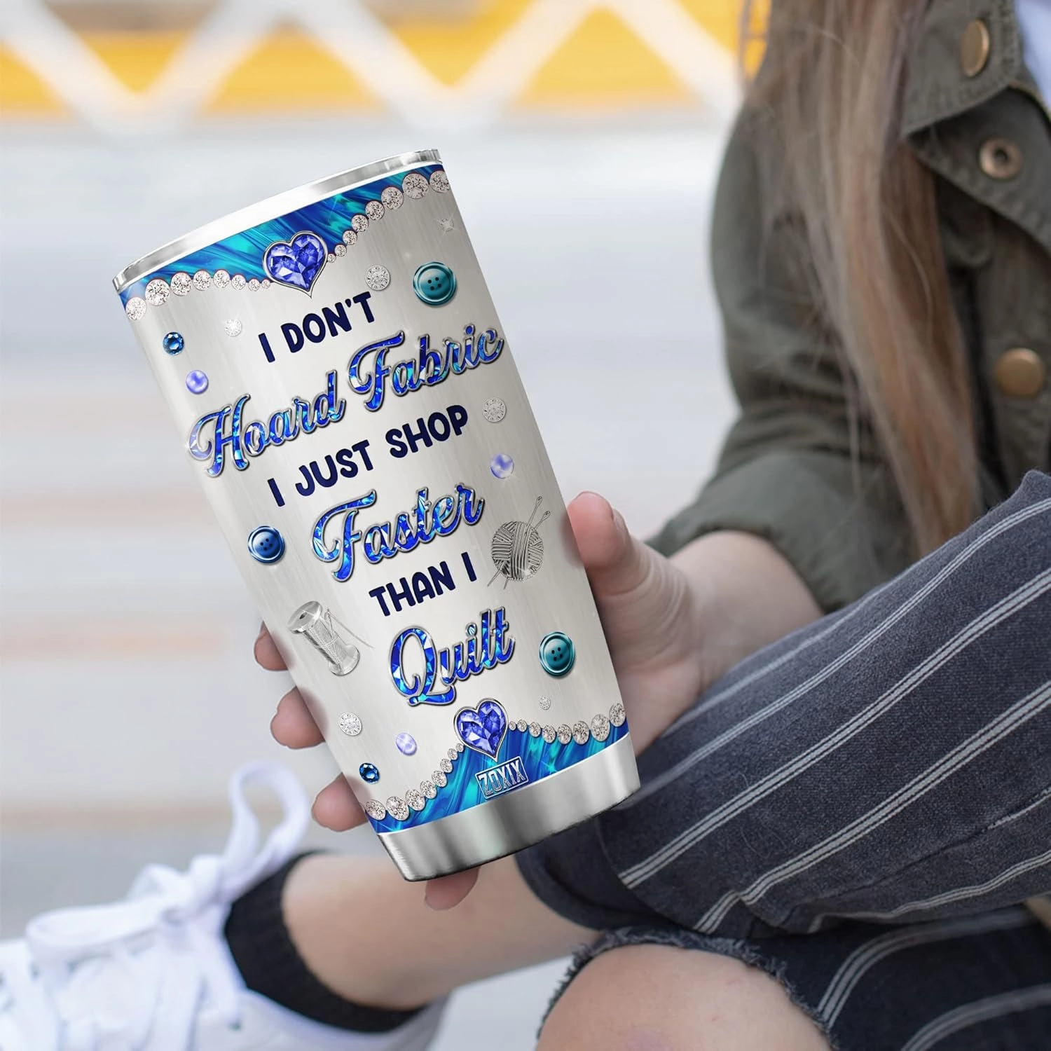ZOXIX Sewing Themed Insulated Tumbler With Lid 20oz Jewelry Style Fabric Quilting Gifts For Quilters Funny Saying Cup Stainless Steel Tailor Seamstress Crochet Lover Gift For Women