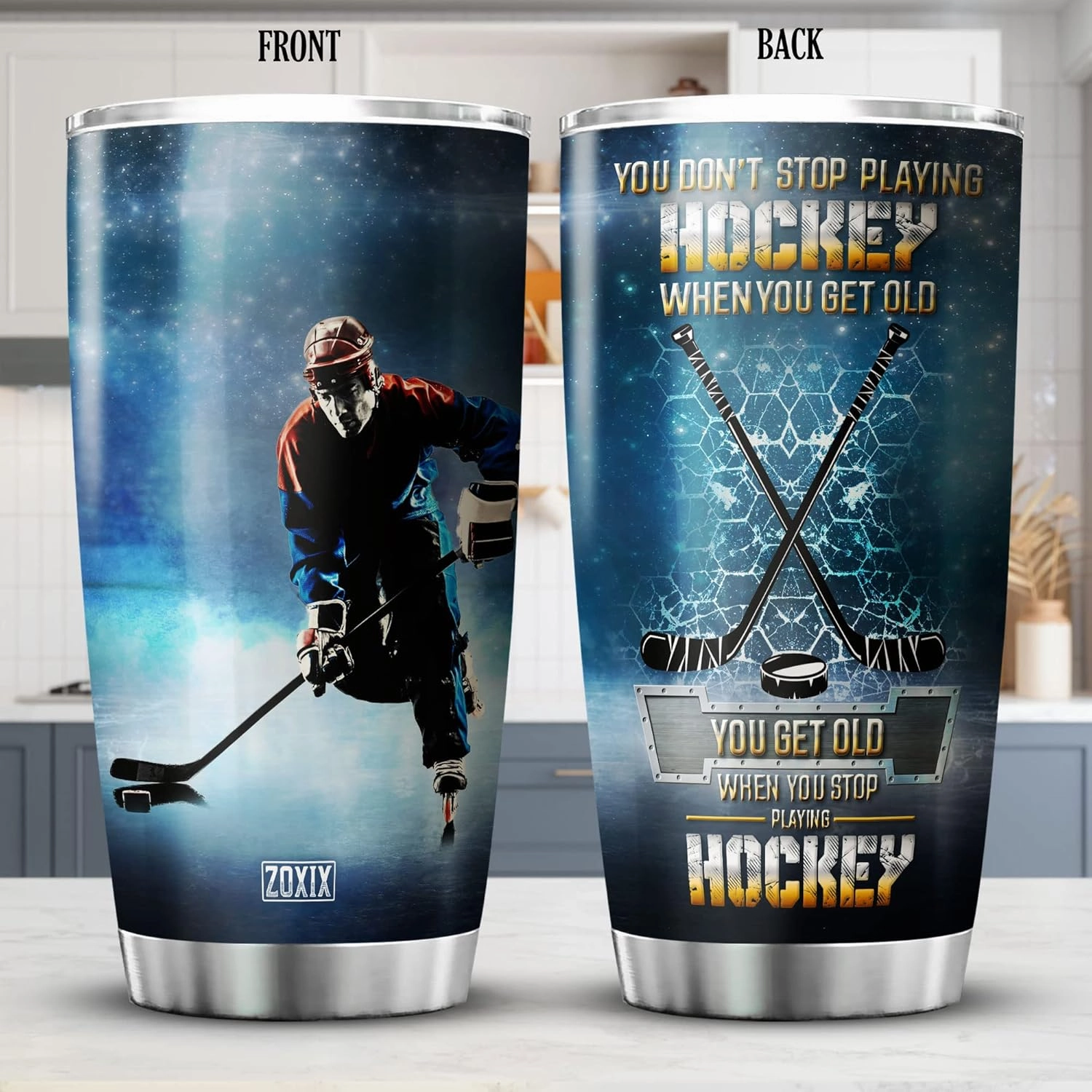 ZOXIX You Get Old When You Stop Playing Hockey Tumbler Cup For Men - 20oz Stainless Steel Insulated Travel Mug With Lid - Novelty Sport Gifts For Hockey Players, Boys, Coaches
