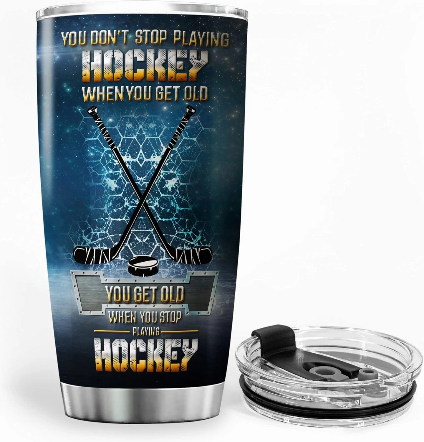 ZOXIX You Get Old When You Stop Playing Hockey Tumbler Cup For Men - 20oz Stainless Steel Insulated Travel Mug With Lid - Novelty Sport Gifts For Hockey Players, Boys, Coaches