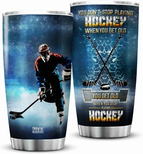 ZOXIX You Get Old When You Stop Playing Hockey Tumbler Cup For Men - 20oz Stainless Steel Insulated Travel Mug With Lid - Novelty Sport Gifts For Hockey Players, Boys, Coaches