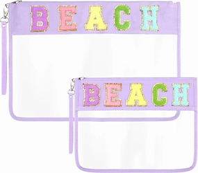 Zubebe 2 Size Chenille Letter Clear Beach Bag Clear Cosmetic Zipper Pouch Preppy Beach Vacation Waterproof Travel Organizer Toiletry Makeup Bag for Women, 16.5 x 11 Inches and 11.5 x 8 Inches